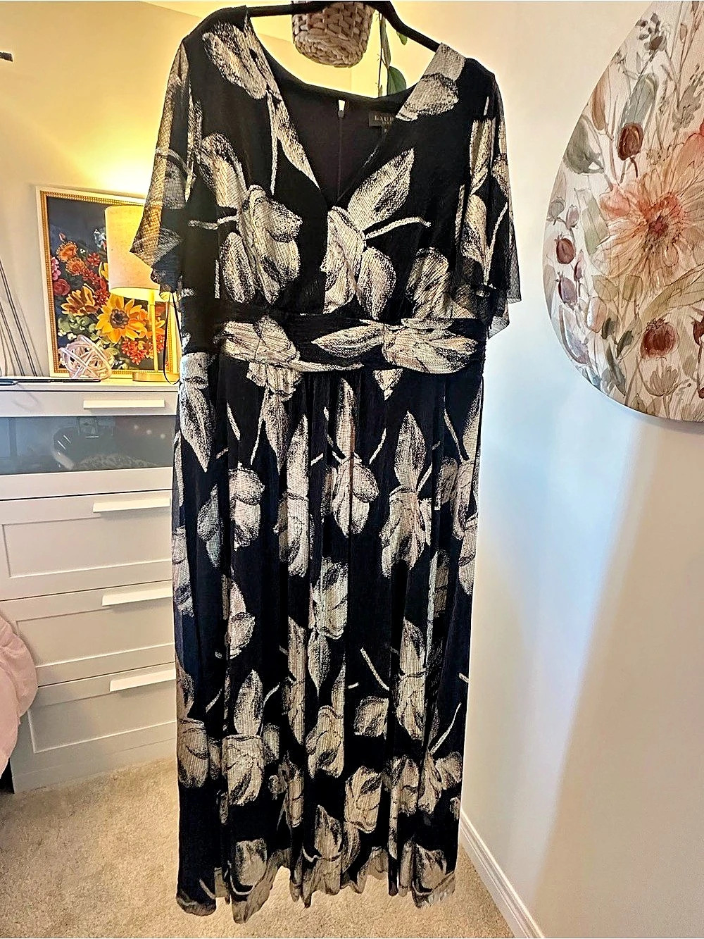 Laura Plus Floral Metallic Chiffon Cocktail Dress Black & White